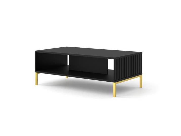 Table basse WAVE 90x60 cm façades fraisées noir mat sur pieds dorés