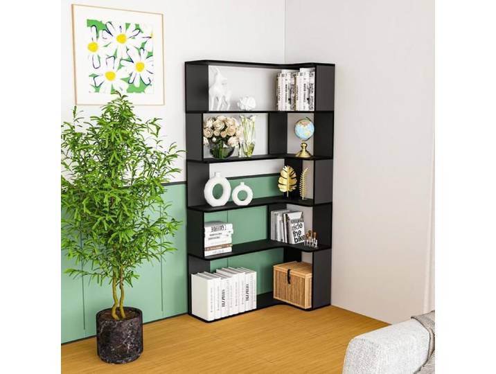 HOMEWELL. BIBLIOTHÈQUE D'ANGLE EN FORME DE L - ÉTAGÈRE DE RANGEMENT - 5 ÉTAGÈRES - 90 × 48 × 169 CM - NOIR