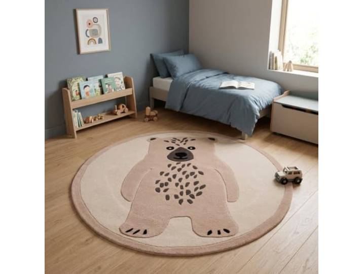 Morgenland Kinderteppich Handgetuftet Wolle Beige 120x120cm Rund 100% Schurwolle, Kollektion Kids, Kinderzimmer, Handarbeit