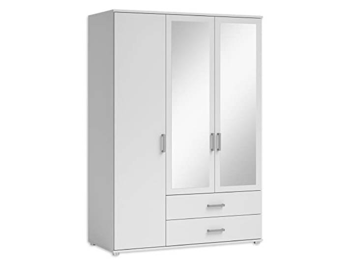 IVAR Kleiderschrank Schrank mit Spiegeln Schubladen Weiß 125 x 190 x 51 cm Drehtürenschrank 3-türig mit viel Stauraum für Kleidung, modernes Design in Weiß mit Spiegeln und Schubladen
