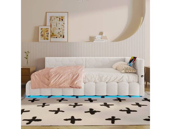 Lit Simple Canapé-lit méridienne 90x200cm sommier lattes LED USB/Type-C hydraulique blanc-sans Matelas