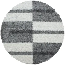 Carpetsale24 Hochflor Teppich Rund 80 cm Hellgrau – Weicher Shaggy Flokati im karierten Design – Kleiner Bodenteppich für Flur