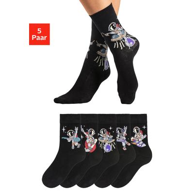 Socken H.I.S "Weltall für Kinder und Jugendliche Motivsocken", Mädchen, Gr. 27-30, schwarz (5x schwarz), Baumwollmischung, gemustert, Socken Socken, mit Astronaut-Motiven