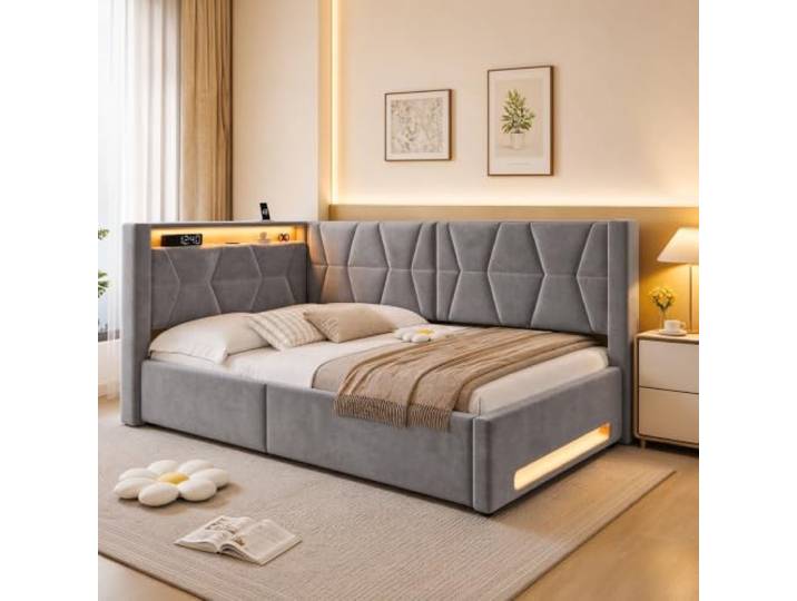 Polsterbett 90x200 cm mit Stauraum und LED-Beleuchtung Samtbett mit hydraulischem Bettkasten, USB & Type-C, Gepolstertes Einzelbett Jugendbett Grau für Schlafzimmer