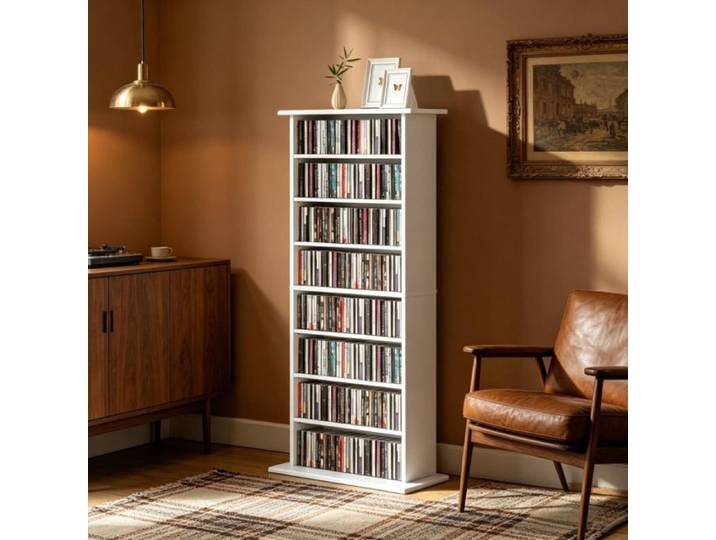 Meuble Rangement CD DVD Blu-Ray 8 Compartiments 6 Étagères Réglables Colonne Bibliothèque Média Blanc