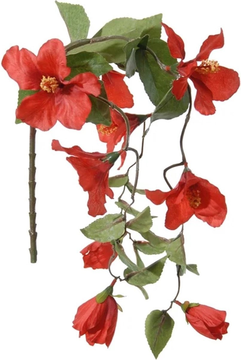 Louis Maes Hibiscus kunstbloemen - Rood - Hangende tak - 165 cm - Levensecht PVC