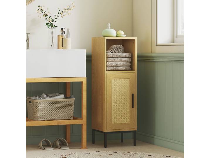 HOMCOM Armoire Salle de Bain Bois Naturel Étagère Réglable