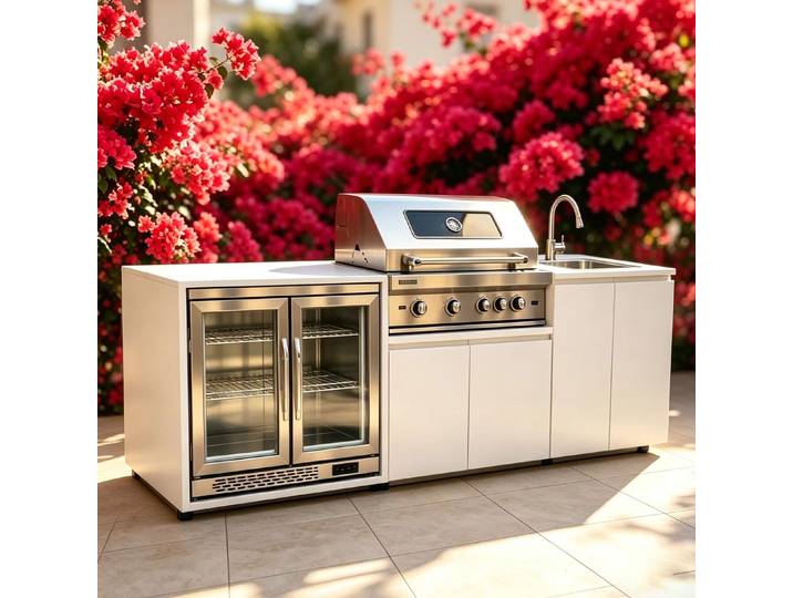 Cuisine extérieure en acier inoxydable avec barbecue, réfrigérateur, plaque de cuisson, évier et réfrigérateur sur roulettes pour jardin ou terrasse.
