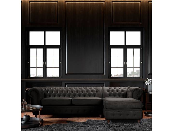 Ecksofa mit Ottomane Schwarz Microfaser Valeria 284 x 74 x 182cm Ottomane davorstehend links Schlaffunktion für dauerhafte Nutzung Glamour