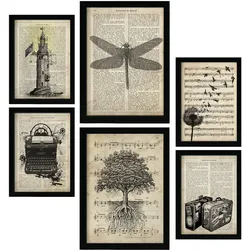 POSTER Set Mit 6 Vintage Zeichnungen Sepia Papier Plakate Im Retro Mit Natur & Reisethemen Über Enzyklopädie Hintergründen A3 & A4 Schwarzer Rahmen