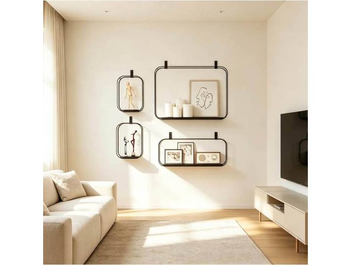 Lot de 4 étagères murales flottantes – Métal noir et MDF – Style industriel
