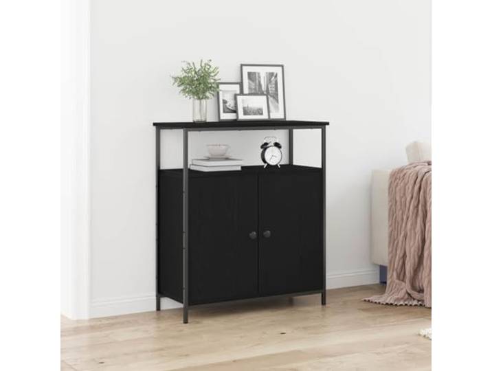 Jkghdrt Sideboard Schwarz Eichen-Optik 70x30x80 cm Holzwerkstoff Stauraum mit Regalen, Scharniertüren, schwarze Stahlbeine, moderne Optik