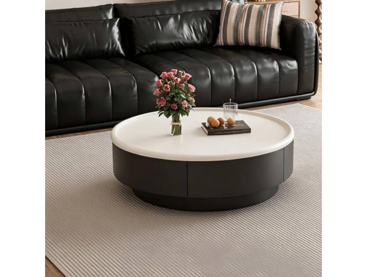 Runder moderner Couchtisch, minimalischer Holz-Mitteltisch für Wohnzimmer Massivholzrahmen, Sintersteinplatte, versteckter Stauraum, abgerundete Ecken für Wohnzimmer & Luxuswohnungen(C(PVC),23.6in)