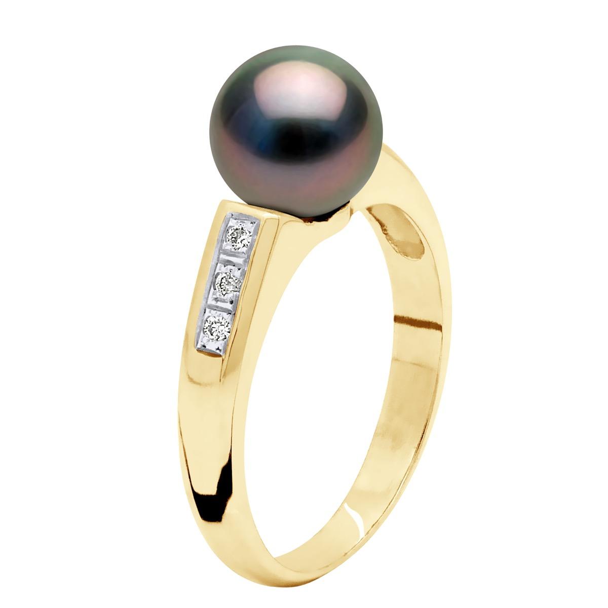 Ringschmuck Diamant 0,06 cts – Gelbgold – echte Tahiti-Zuchtperle rund 8–9 mm