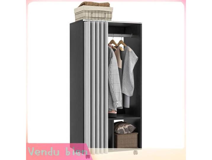 LIA Armoire penderie mobile noir rideau panneaux particules tringle suspension