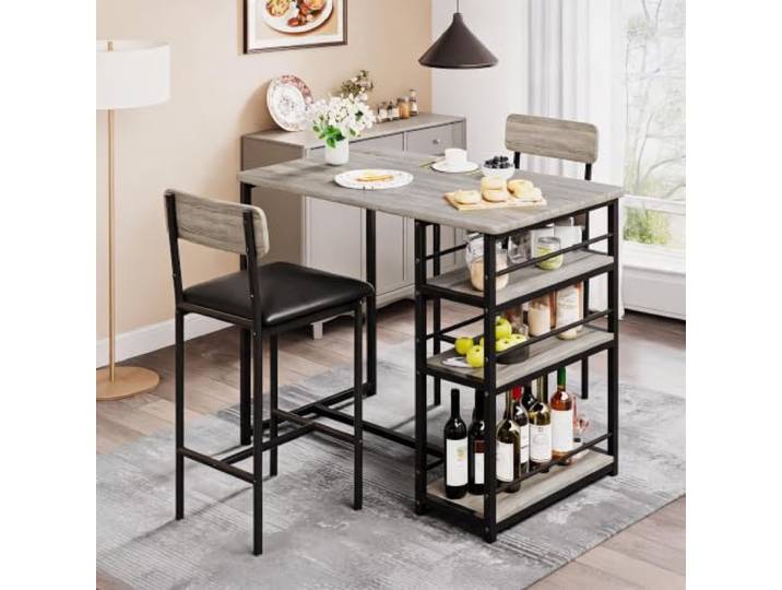 Bartisch-Set mit 3-stöckigen Ablagen, platzsparend, 3-teilig, Grau Stabiler Kneipentisch mit Metallrahmen, platzsparende Thekenhöhe, Frühstücksbar mit Ablagen für kleine Küche und Wohnung