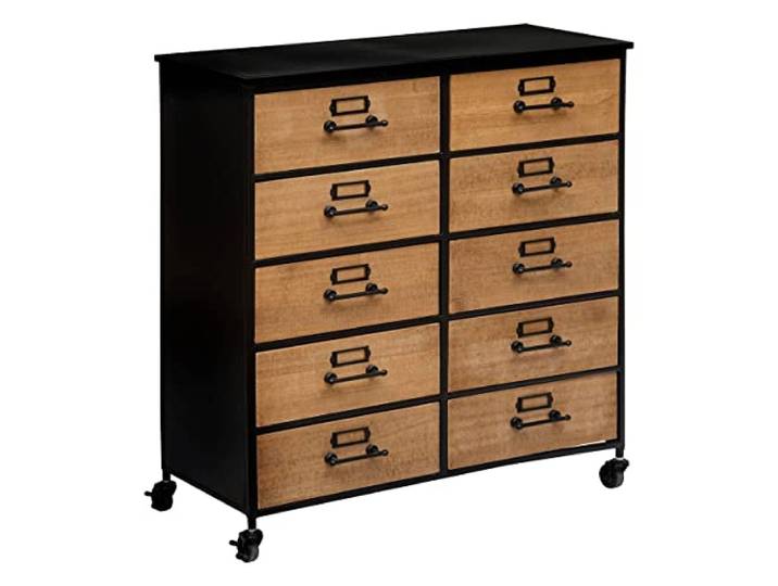 ATMOSPHERA CREATEUR D'INTERIEUR ATM-157256 Atmosphera Kommode mit 10 Schubladen, Baris, Eisen, MDF-Holzfaserplatten, Räder aus Holz, Natur und Schwarz, cm