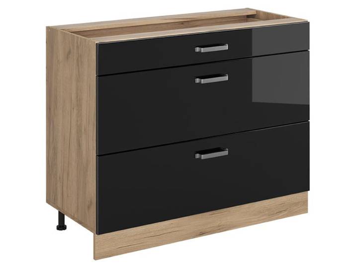 Küchenunterschrank Vicco R-Line Schwarz Hochglanz/Goldkraft Eiche 100 cm ohne Arbeitsplatte, Model 71643