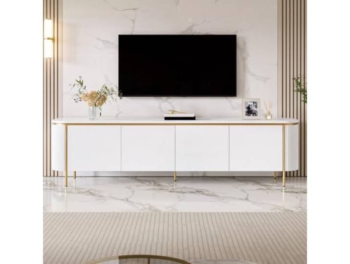 DUlVBPE TV Lowboard Fernsehschrank TV Board MDF Eisenfüße 6 Türen abgerundete Enden Riffel Kabeldurchlass Wohnzimmer
