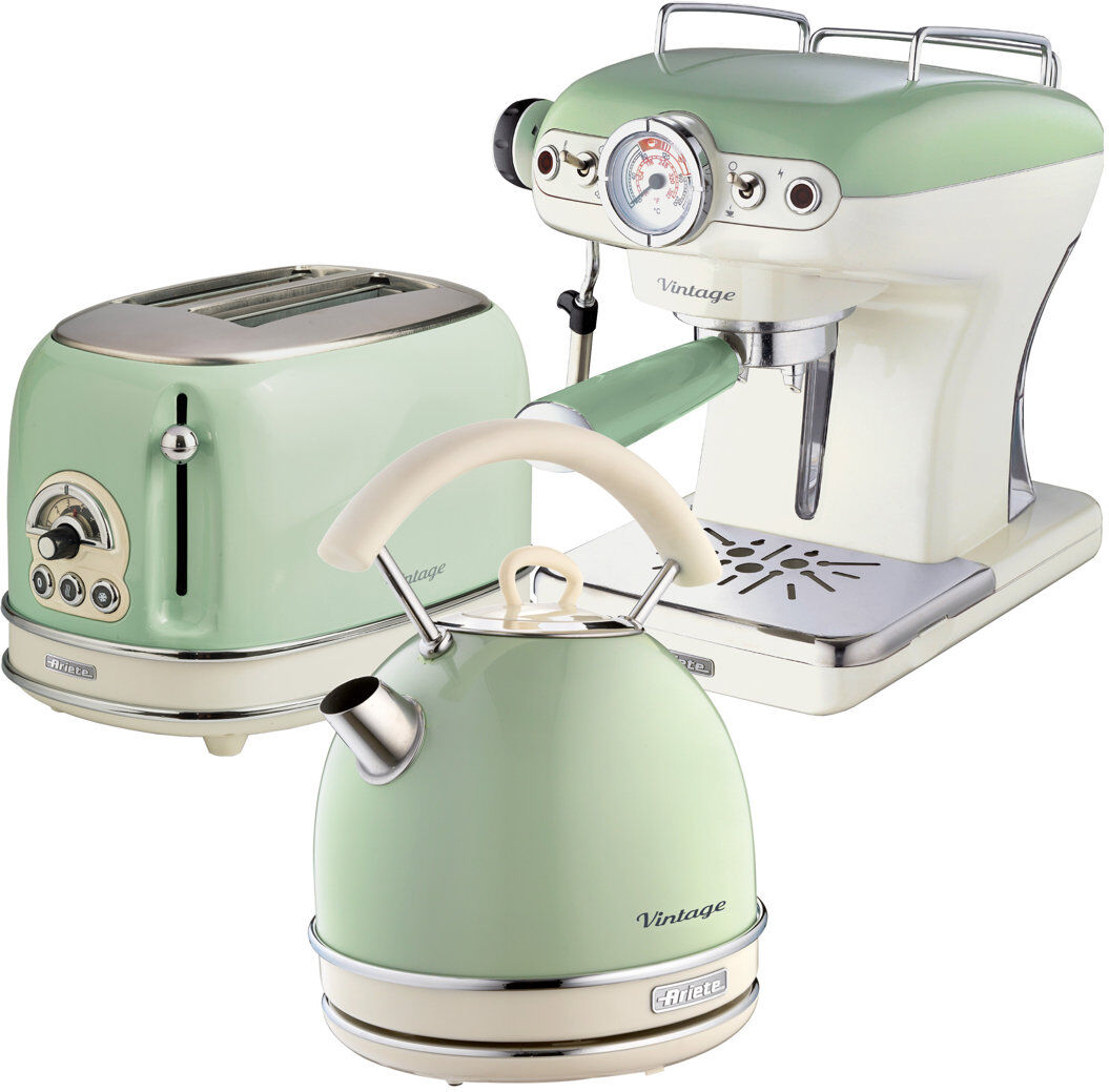 Ariete Vintage 1.7L Kettle with 2 Slice Toaster and 15 Bar Pump Espresso Coffee Machine Set Green 1.7L
