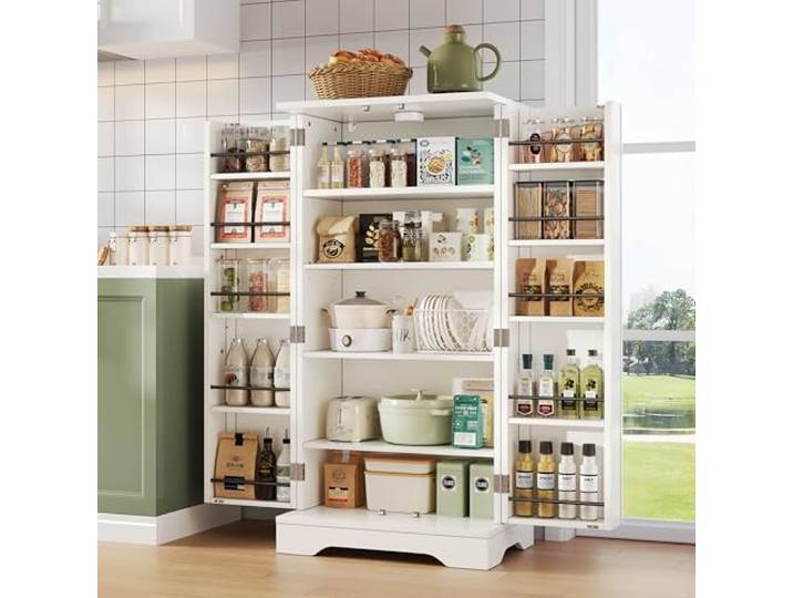 BTM Küchenschrank mit LED-Sensorlicht Kitchen Cabinet Großer Aufbewahrungsschrank mit Verstellbaren Regalböden Weiß