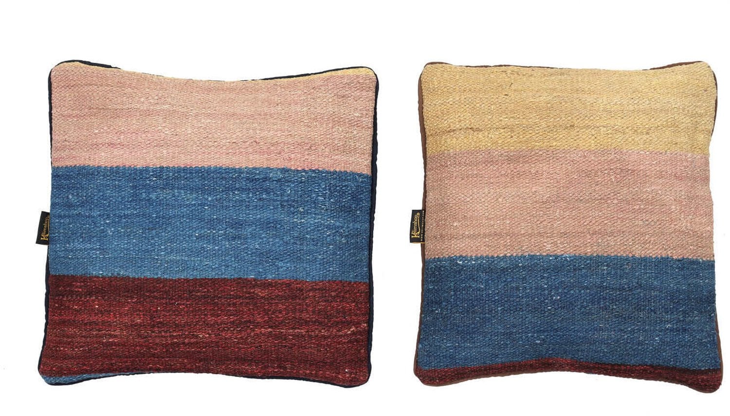 Handgeweven Kelim kussenhoes met blauwe denim strepen