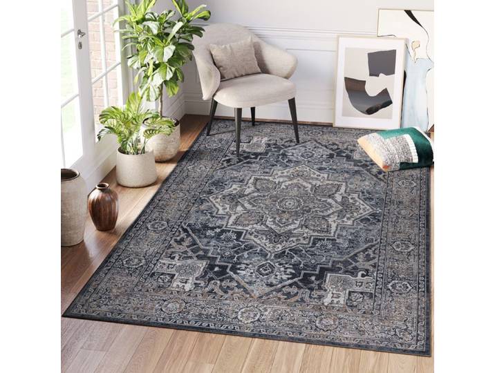 TAPISO Ritz Tapis Salon Poils Ras Antidérapant Lavable Classique Vintage Noir Marron Gris Ornamental Floral 200x300 cm