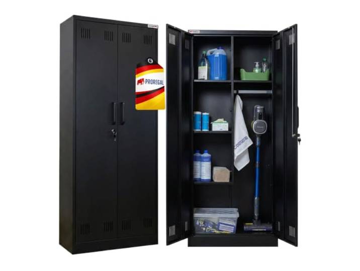 PROREGAL Putzmittelschrank Rhino Metall 170x70x30cm Schwarz 2 Türen Abschließbar, 5 Fächer, Kleiderstange, Stahl, Schmal