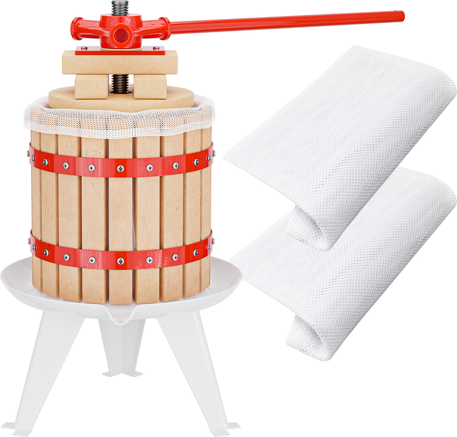 Wiltec Fruitpers 12 liter met 3 persdoeken, houten mostpers en appelpers