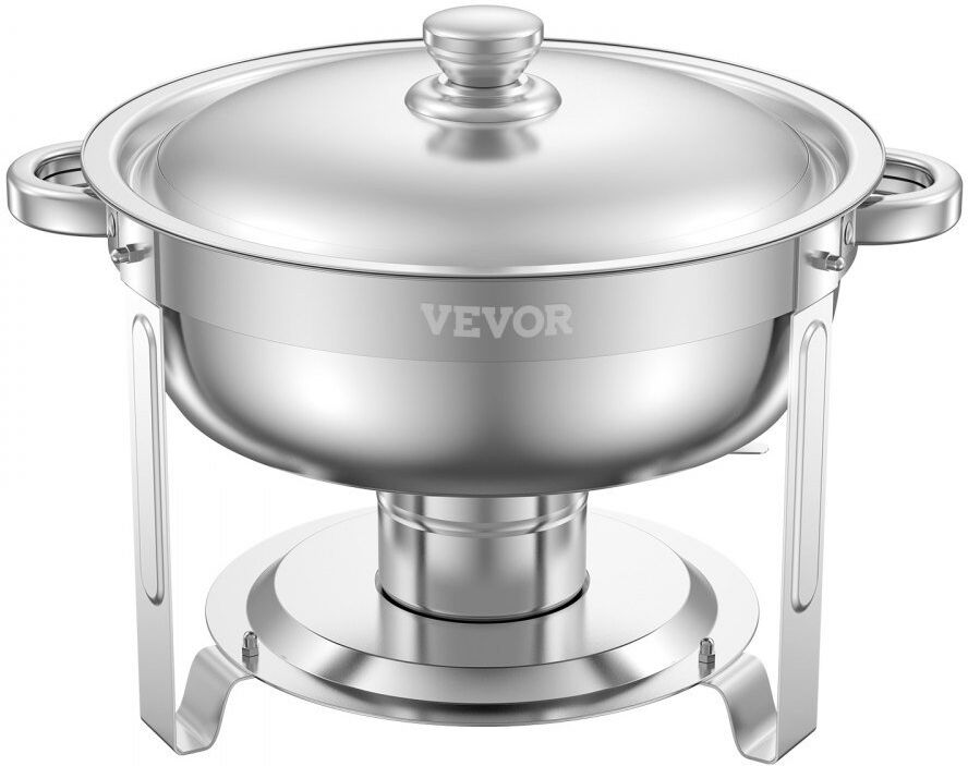 VEVOR 5 Qt Round Chafing Dish Buffet Set Fullsize Pan Stainless Steel Silver 29cm H X 34cm D