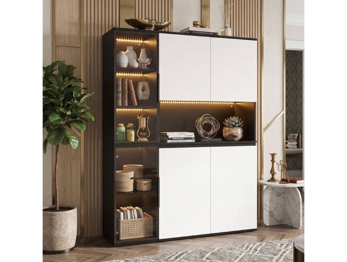 Vitrine Buffet Haut 120x40x160cm Grand Rangement LED Lumineux Design Moderne en MDF Finition Noir et Blanc Pour Salon Séjour