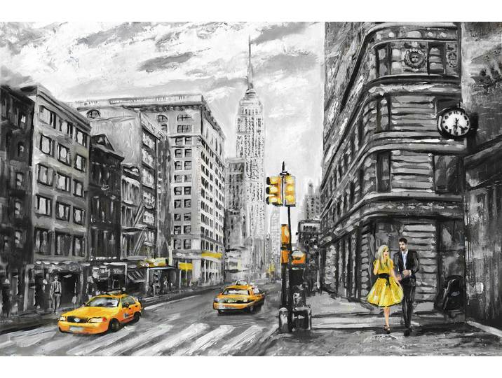 Leinwandbild QUEENCE New York , gelb (farbe bild(er): gelb), B:60cm H:40cm T:2cm, Canvas, Holzrahmen, Bilder, Leinwandbild, Wanddeko, schwarz, weiss, gezeichnet, Amerika, Premium Leinwandstoff