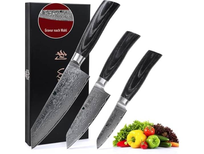 Wakoli EDIB Pro Black Damastmesser Set mit Gravur – Personalisiertes 3er Kiritsuke Messerset, 17 cm, 12 cm & 9 cm Klingen aus 67 Lagen Damaststahl (VG10-Kern), Pakkaholzgriffe – in Holzbox
