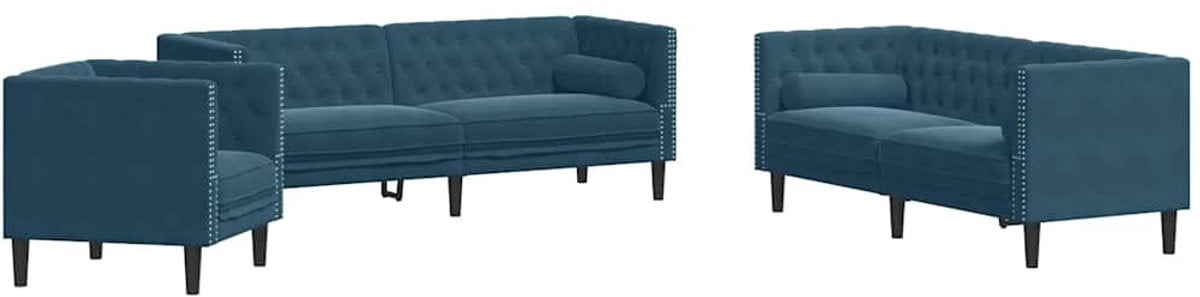vidaXL Chesterfield 3-delige loungeset met bolsters in blauw fluweel