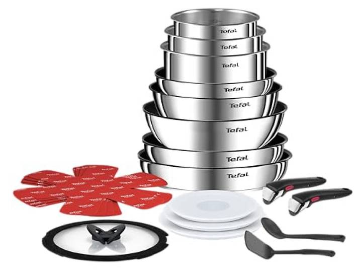 Tefal Ingenio L897SJ04 Kochgeschirr, Pfannen, Töpfe, Wok, Schmorpfanne, Deckel, abnehmbare Griffe, Induktion, Edelstahl, spülmaschinenfest, 20-teilig