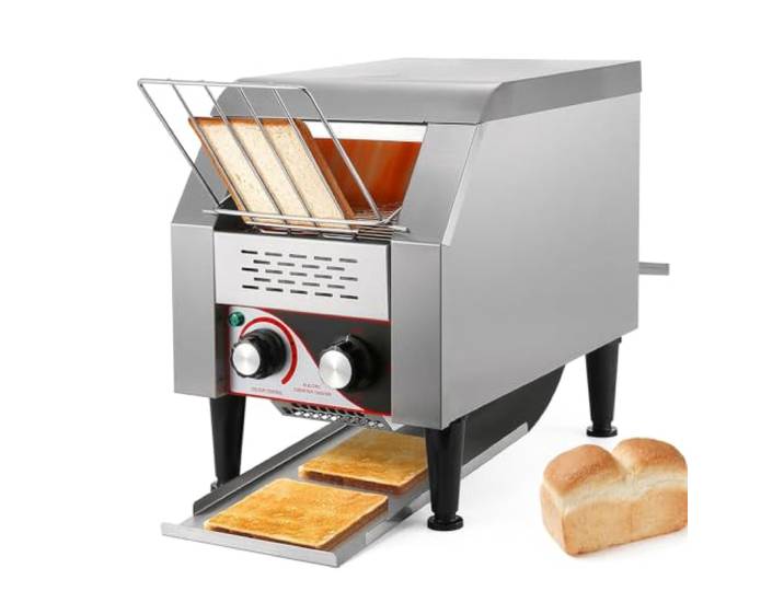 Kurflo Durchlauftoaster Edelstahl, Profi-Toaster 1300W, 150–300 Scheiben/Std., 2 Ausgabefächer, 3 Heizstufen, 7 Bräunungsstufen, 230V, Gastro Toaster für Toast & Burger Buns