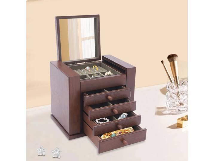 Boîte à bijoux vintage marron style tiroir, grande boîte à bijoux en bois à 5 niveaux, pour montres, colliers, bagues, cadeau de la Saint-Valentin