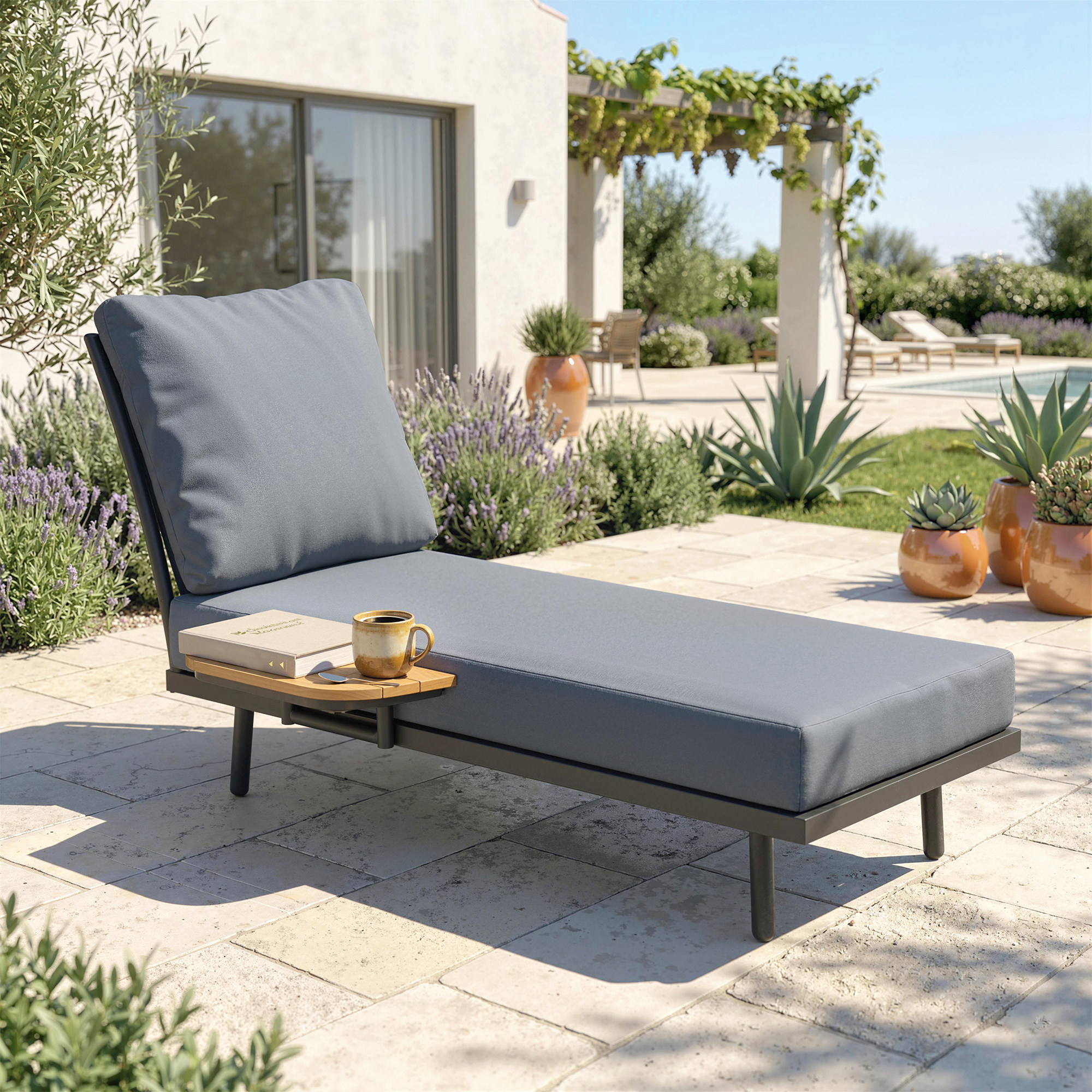 Outsunny Sdraio da Giardino con Cuscini Lavabili in Olefina e Ripiano Laterale, Telaio in Metallo, 58x137x75cm, Grigio   Aosom Italy