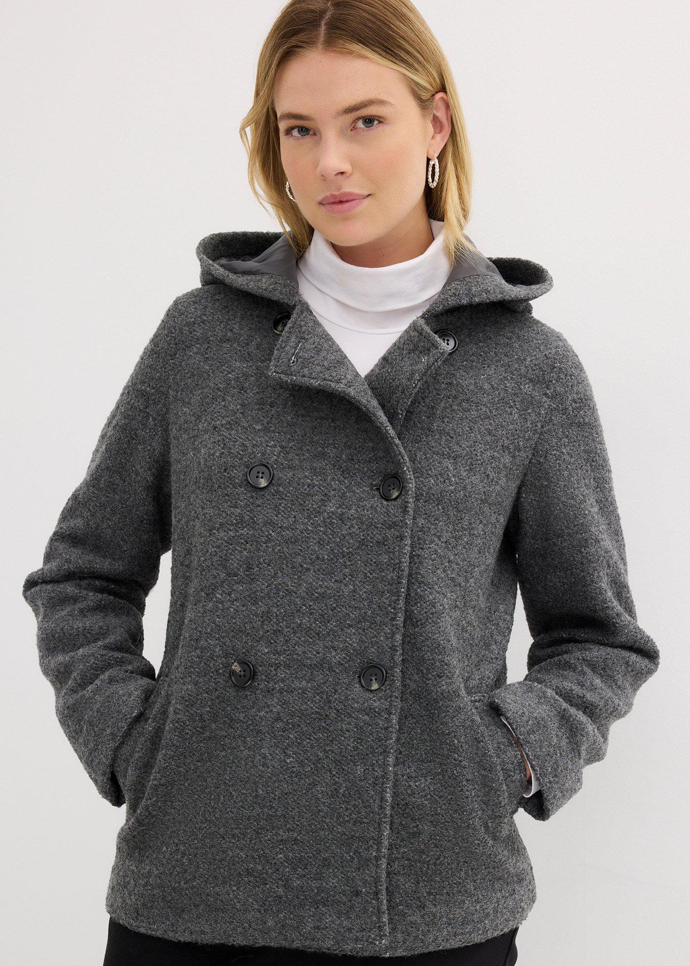 bonprix Cabanjacke aus kuscheligem Bouclé, schwarz, Gr.40, Schöne Cabanjacke mi Kapuze kaschiert Problemzonen