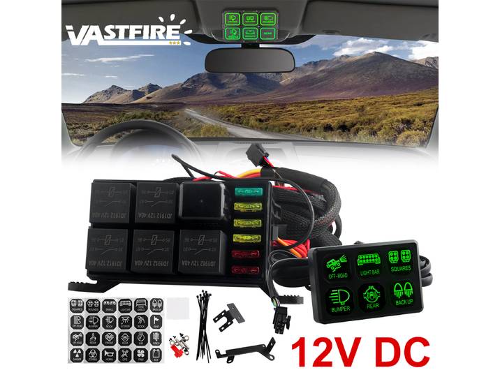 Système panneau de commutation 6 interrupteurs, système de relais de contrôle de circuit avec faisceau de câbles à fusibles, module interrupteur LED marche/arrêt à gradation automatique pour voitures,