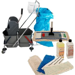 Axis Line Wischmop Komplettset mit Doppelfahreimer Chrom 2x17 Liter mit Müllsackhalter und Ersatzmöppe und 2 x Profi Reinigungsmittel 50cm breit