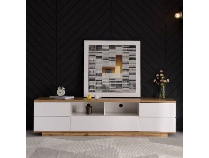 Meuble TV Bas 180 cm Blanc Moderne Bois Grain 5 Portes Poignées Cachées Design Quadrillé Meuble Salon blanc MEUBLE TV