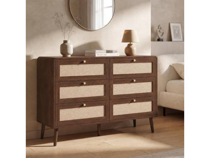 Kommode mit 6 Schubladen, 120 cm breit, Beistellschrank mit abwechselnden Maserungen aus Rattan und Walnussholz,geräumige Schlafzimmerkommode mit abgerundeten Ecken und erhöhten Beinen, Walnussholzfa