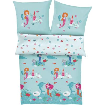 Kinderbettwäsche S.OLIVER "Satinbettwäsche s.Oliver Junior Meerjungfrau", blau (türkis), B/L: 140cm x 200cm, 1 Stk., 1 Stk., Mako-Satin, B/L: 70cm x 90cm, 2 Stk., Mako-Satin, Obermaterial: 100% Baumwolle, Bettwäsche