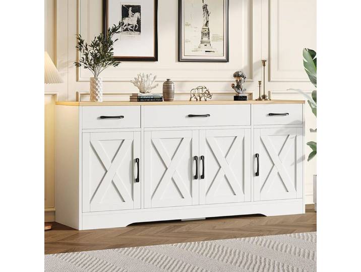 Buffet - GUTENT - 3 tiroirs - 4 portes - Blanc - Design contemporain - Meuble de salon