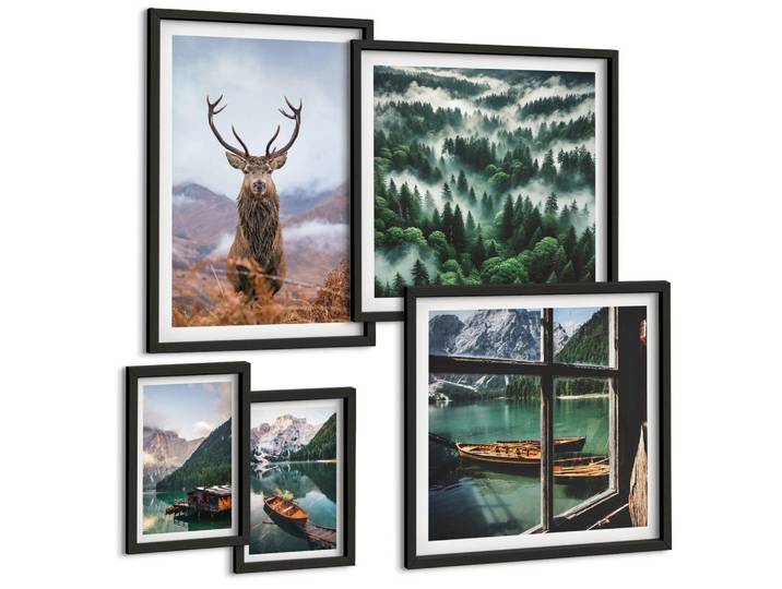 Tulup Bilder SET 5er Set - 50x50 cm & 20x30 cm & 40x60 cm Schwarzer Rahmen - Nebel auf dem Bergsee, Bootsfahrten, Nebel, Kunststoff, Rechteckig, 40x60 cm, gerahmt, Bilder & Rahmen, Bilder