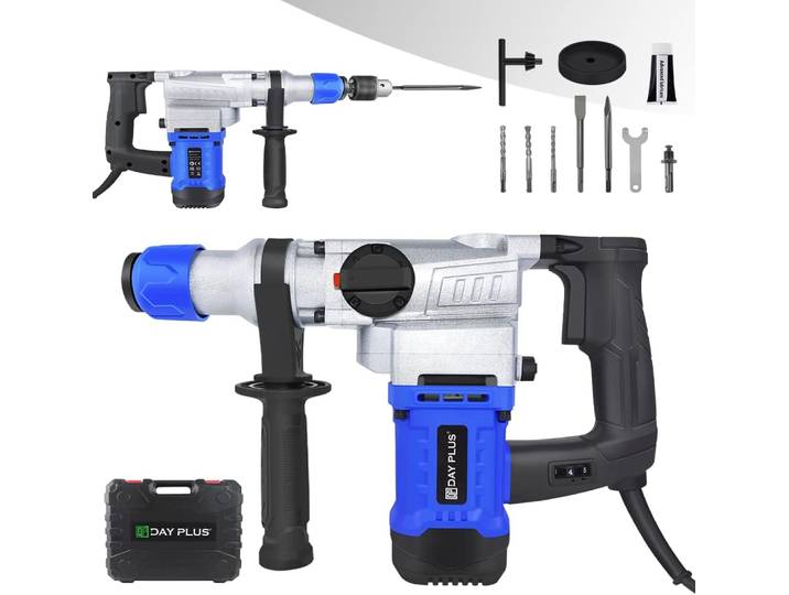 Marteau perforateur rotatif filaire 1500W SDS avec poignée latérale multi-positions, 4 fonctions, marteau perforateur rotatif SDS Plus robuste, comprenant des forets, des ciseaux plats, des ciseaux
