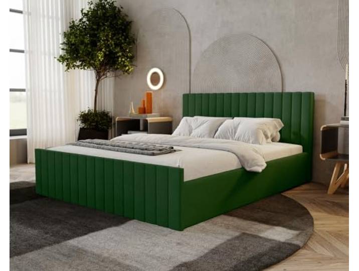 Emporius Polsterbett 140x200 Billo Slim Velvet - Lattenrost, Bettkasten, Modern Design - Schlafzimmerbett 140x200 (Grün - Amor Velvet 4311)