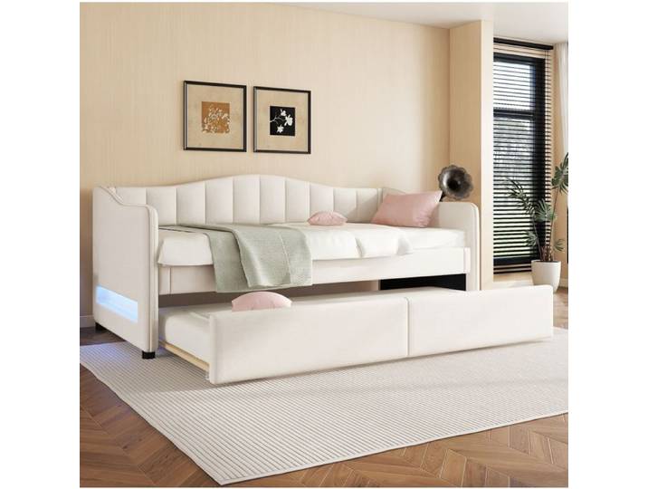 Lit banquette gigogne 90x200 cm EVRYAE - avec lit gigogne et LED réglable par application sans Matelas - Beige