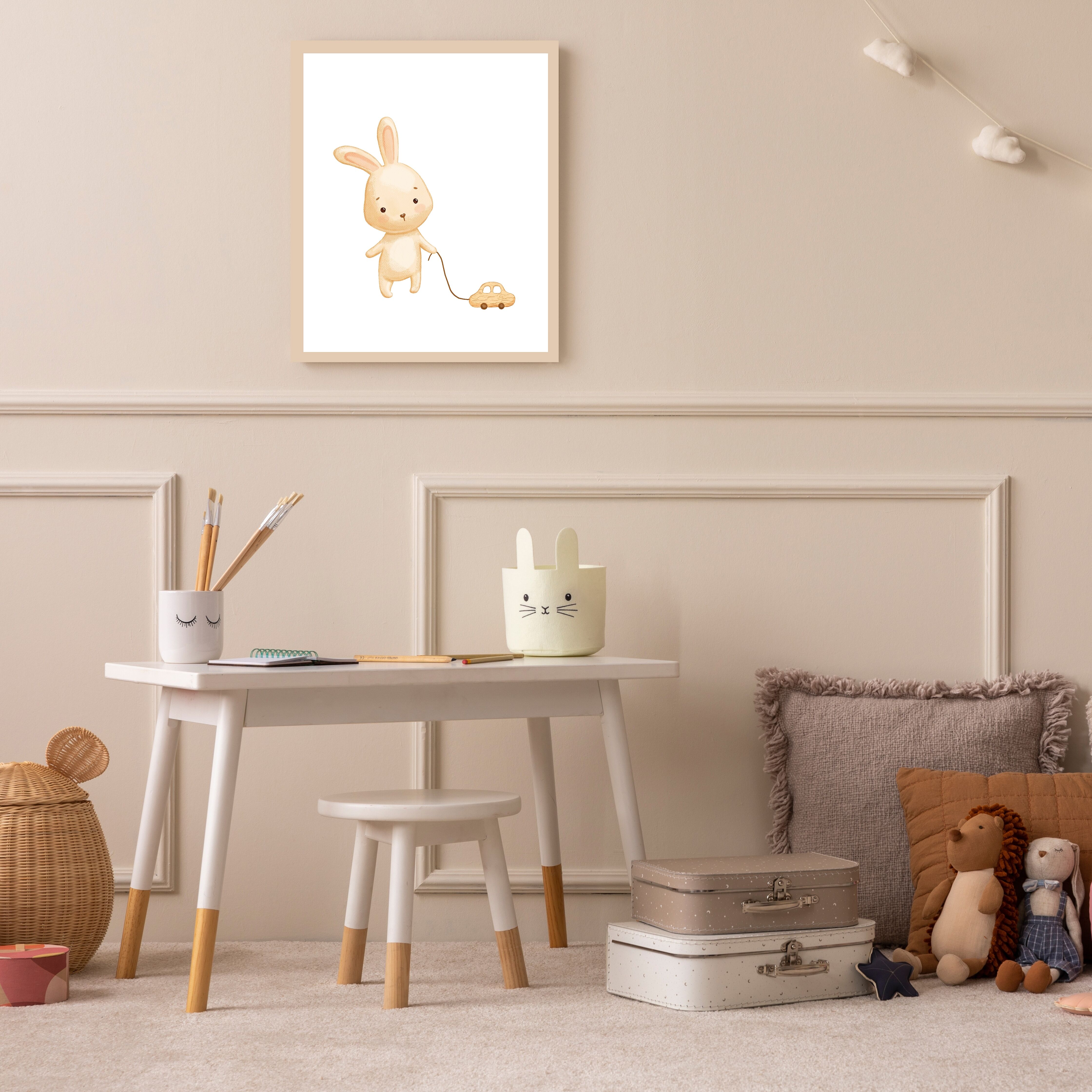 Bild mit Rahmen LÜTTENHÜTT "oder Poster, Hase mit Spielzeugauto", bunt (farbe rahmen: beige, farbe bild(er): bunt), B:50cm H:70cm T:0,7cm, Holz, Plexiglas, Bilder, Bild mit Rahmen, HD Premium Druck farbe rahmen: beige, farbe bild(er): bunt B/H/T: 50cm x 7